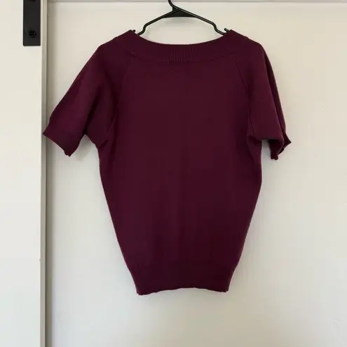 Jantzen Vintage Purple Floral Short Sleeve Sweater Top Grandma Embroidered Wool