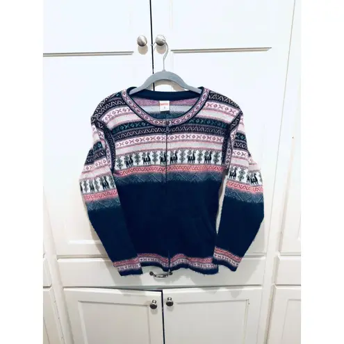 LLAMA CORP Alpaca Wool Nordic Fair Isle Zip Up Sweater Jacket Women Size S Blue