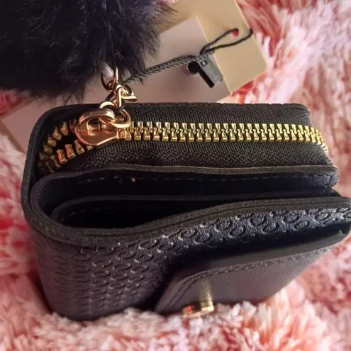 Jolene Couture Trifold Multi Card Wallet Zipper Coin Pouch with Pom Pom Black