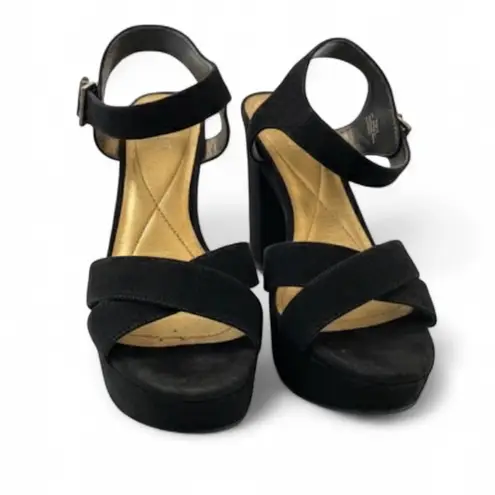 Reaction Kenneth Cole Black Leather Peep-Toe Platform Sandals Size 10 Block Heel - Image 2
