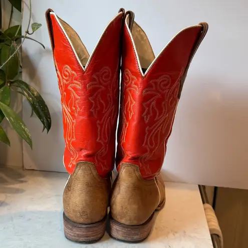 J.B. Dillon Cowboy Western Boots Womens 10 B USA Made Red Tan Leather Square Toe