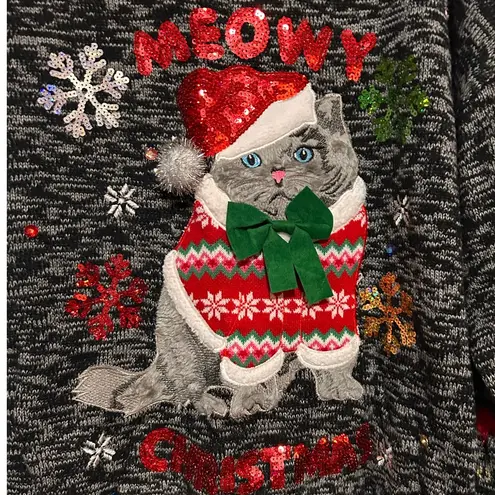 Women’s Black White Meowy Christmas Cat Pullover Sweater Snowflakes Size XL