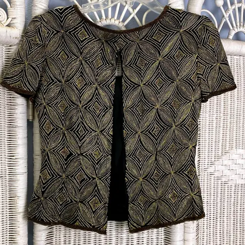 Papell Boutique Vintage 90s Evening Silk Beaded Top S Black Gold Holiday Glam