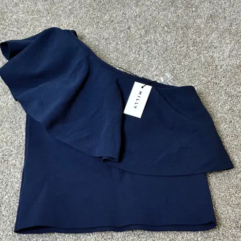 Milly NWT One Shoulder Top Ruffle Blue Sleeveless Party Cocktail Blouse Size P