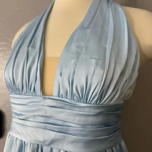 Azazie Oli Stretch Sky Blue Pleated Stretch Satin Jumpsuit