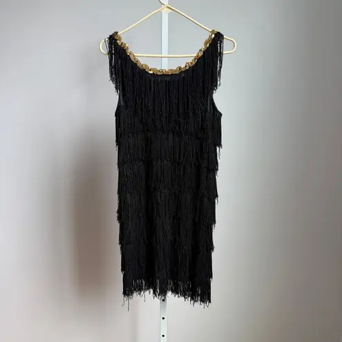 Black Fringe Flapper Dress Gold Sequins Gatsby Costume Party