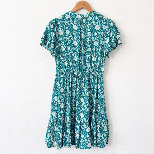 Mila Mae Floral Patterned Tie Neck Mini Dress in Teal Pink Blue
