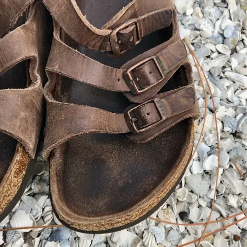 Birkenstock  Women’s Florida Brown Leather 3 Strap Sandals Size 38 is 7 7.5