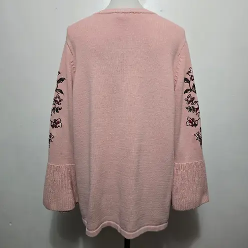 Susan Graver Pink Embroidered Bell Sleeve Knit Sweater XL Cottage Feminine