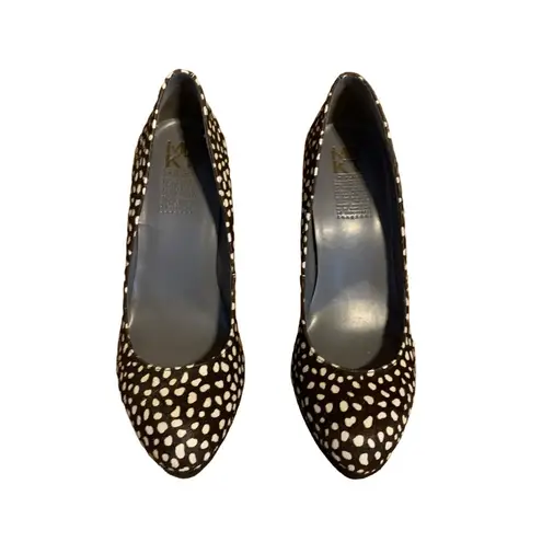 MRKT BROWN, BLACK & WHITE DOTTED CALF HAIR PUMPS (8.5)