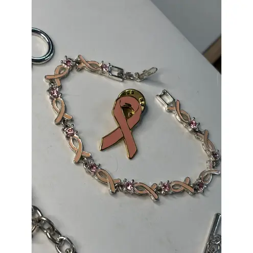 Breast Cancer Awareness Pink Ribbon Jewelry Set W/ Bracelet & Pin Silver & Pink