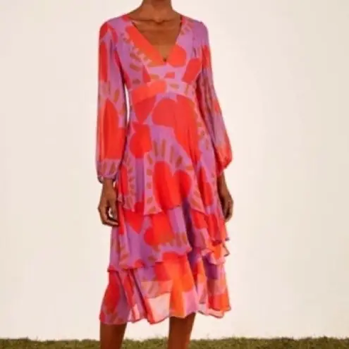 Farm Rio Wild Hearts Layered Chiffon MIDI Dress Long Sleeve Lined Sz XS NEW NWT