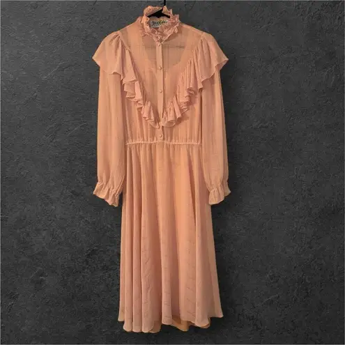 Vintage Miss Ashlee sz S Womens Blush Chiffon Ruffle Midi Dress Prairie Cottage Pink