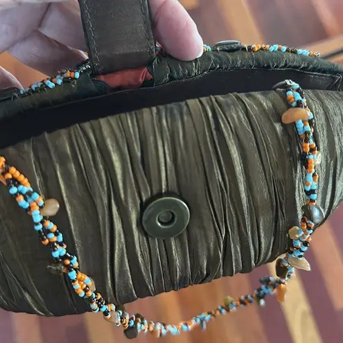 Pritzi Vintage Inspire Beaded Purse Bag Olive Green Satin Boho Indie Artsy Party