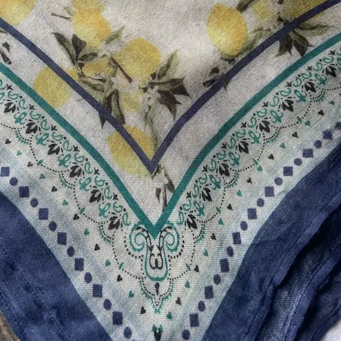 J Jill Lemon Print Linen Blend Summer Scarf with Blue Border Yellow