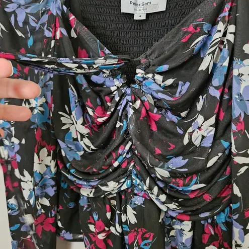 Peter Som Tie Detail Crop Top Floral Long Sleeve Casual Ruched Neutral Black