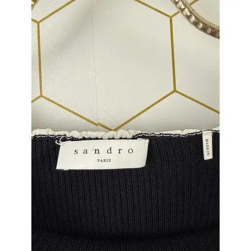 Sandro Paris Black Cropped White Trim Ribbed Top - Size - XS