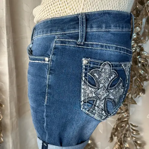 Love Indigo Blue Denim Shorts Size 6 Cross Embroidery Rhinestones Cuffed