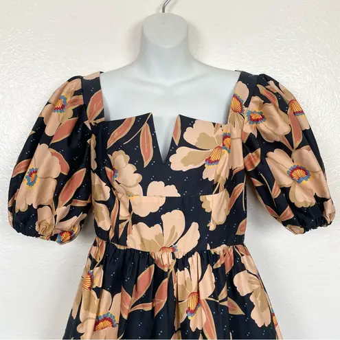 Autumn Adeigbo Bronwyn Dress Floral Puff Sleeve Mini Dress Black Brown Tan 2