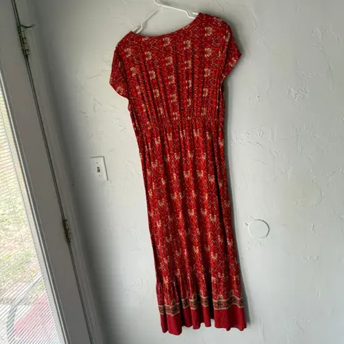 Floral Blooming Red Boho Maxi Dress XXL Empire Waist Button V