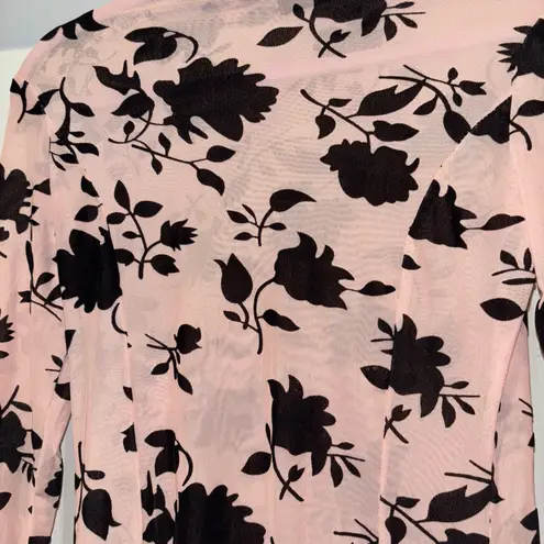 CBR SHEER DRESS MED. PINK W BLACK FLORAL MIDI THIGH HIGH SLITS HIGHCOLLAR NECK