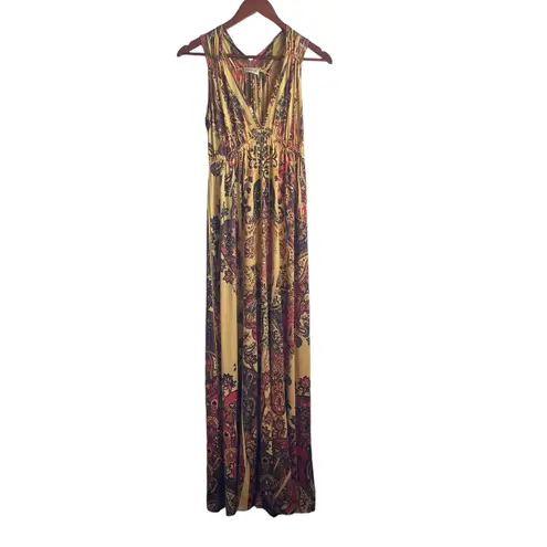 One World Women Maxi Dress S Yellow Batik Print Retro Style Boho Jersey Stretch