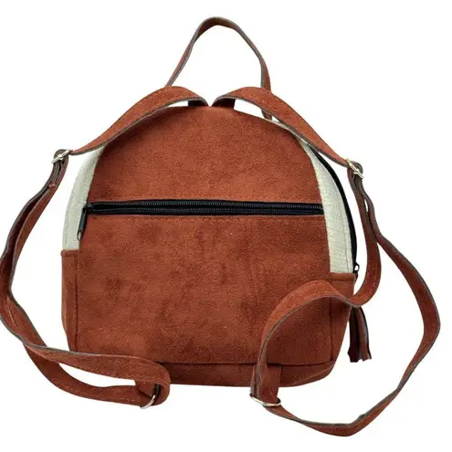 Handmade Guatemala Embroidered Mini Backpack Suede & Woven Fabric Material Brown