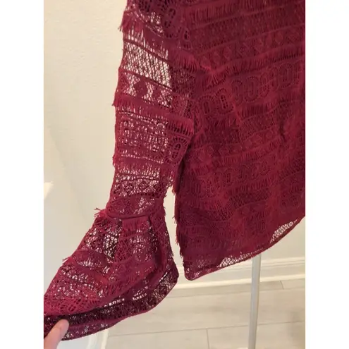 INA Burgundy Lace with Bell Sleeves and Ruffle Collar Elegant Long Sleeve XS Top Red