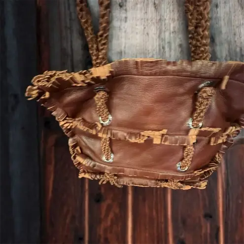 Sabrina Scala Boho Chic Brown Fringe Leather Tote Bag Large Casual