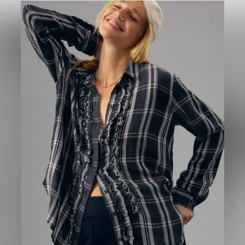 Anthropologie  Pilcro Ruffled Buttondown Shirt in a black, cream, and pink plaid