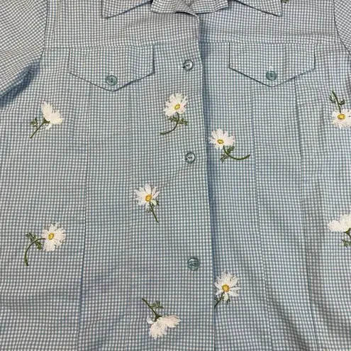 Quacker Factory  Blue Gingham Embroidered Floral Daisies Jacket Women's Size 1X