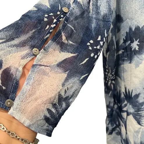 Alfred Dunner Petite ALFRED DUNNER Floral V Neck Top Sz 14 Petite Blue White Lined Beaded 3/4 Sleeve