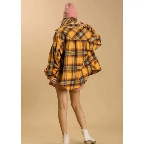 NWT UMGEE USA Plaid Oversized Button Down Shirt Jacket Yellow Rust Blue Womens S