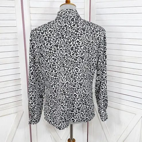 Notations Leopard Print Button Up Blouse White Black Small Long Sleeve Collared