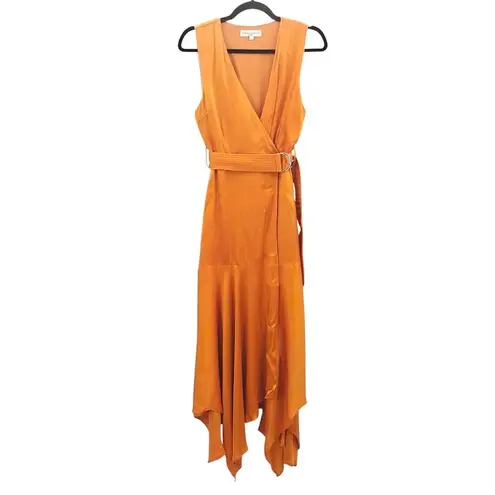 Karina Grimaldi Rhoda Maxi Dress Safran Orange Gold Belted Faux Wrap Satin XS