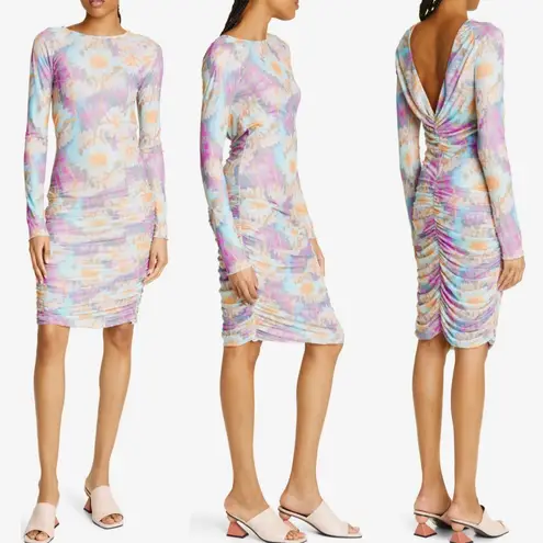 New Rotate Ulla Floral Print Ruched Mesh Long Sleeve Bodycon Dress Size 2 Multi