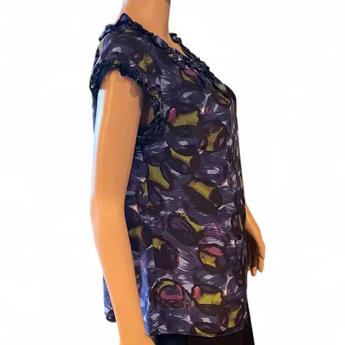 Boden USA NWOT! Boden SILK Abstract Blue Sleeveless Blouse Top Ruffled Neck Lined Size 8