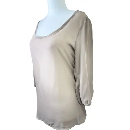 Poetry Size M Sheer Beige Open Back Blouse With Tie Waist & 3/4 Sleeves Womens