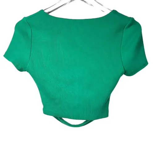 Showpo. x Anthropologie Deep VNeck Criss Cross Straps Ribbed Crop Top in Green Size 4