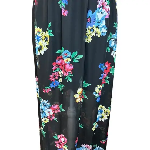 La Scala Black maxi Dress with Floral Accents flowy spring sheer multicolor Size L