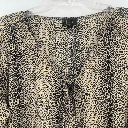 OLM Leopard Blouson Womens Top Sz 1X Peasant Cheetah Tie Neck Cross Over V
