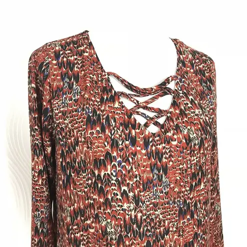Veronica M Blouse Womens Size S All Over Feather Print Caged Criss Cross Neck - Image 7