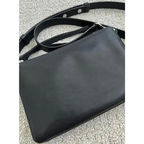 ALLSAINTS Captain Zip Leather Crossbody Bag BLACK SILVER HARDWARE