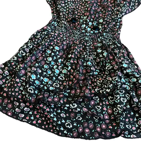 Poupette St. Barth Black Floral Heart Print Mini Dress Short Sleeves Size Small