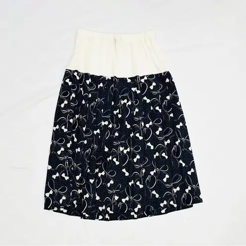 Vintage Allisia Drop Waist Cream Navy Bows Ribbons Printed Pleated Skirt Blue Size M