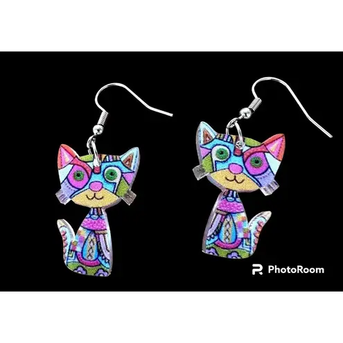 Whimsical Cat Earrings New Multicolor Kitty Lover Dangle Hooks Christmas…