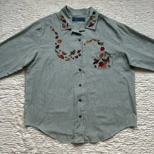 VTG Karen Scott Embroidered Fall Leaves Butterfly Button Up Shirt L Teacher 90s Green Size L