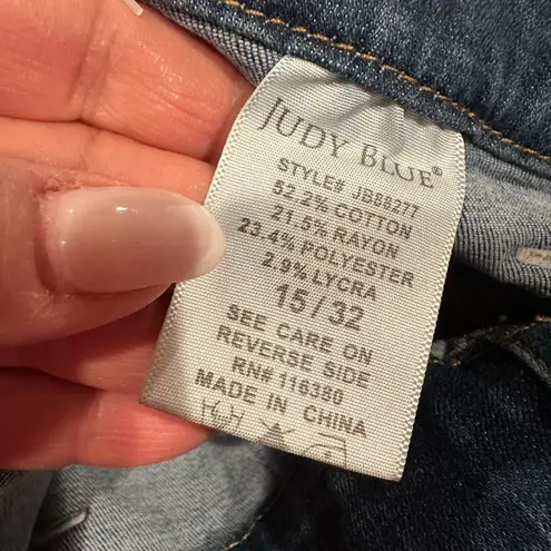 Judy Blue High Rise Waist Pull On Super Flare Jeans Stretchy Raw Hem Blue 15/32