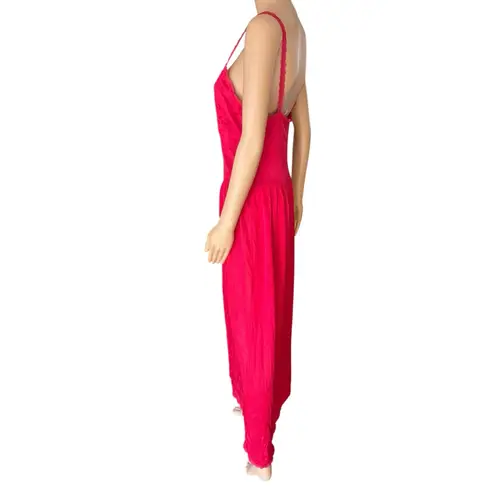 By Betsy Vintage 70s Red Black Sheer Lace Corset Lace Up Bustier Maxi Slip Dress Size L