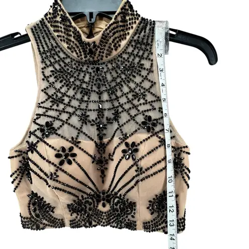 XScape Crop Top Womens L Beige Black Beaded Rhinestone High Neck Formal Evening